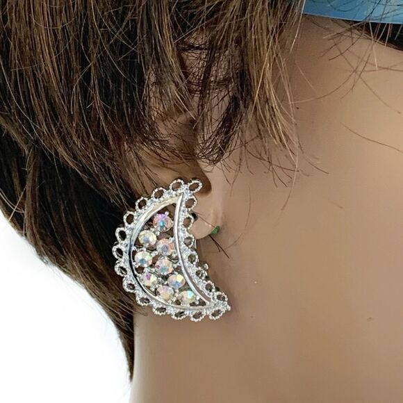 Emmons vintage ab rhinestone filagree leaf earrings and  matching pin set mint - Picture 2 of 16